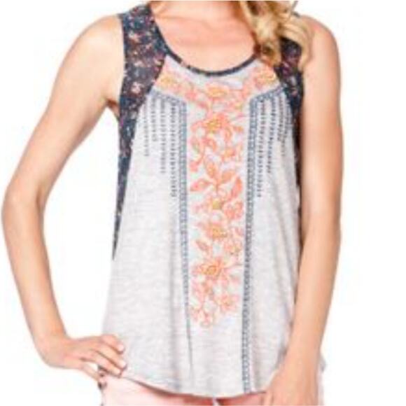 Miss Me Tops - Miss Me Embroidered Beaded Boho Floral Tank Top M